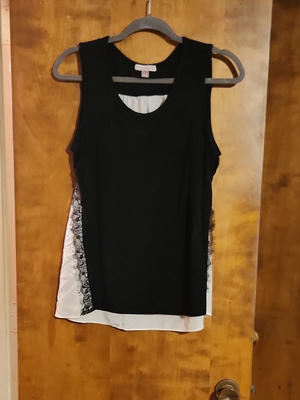 Roz & Ali Black Front Layered Tank with White Underlay and Lace Trim
